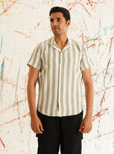 Classic Striped Spread Collar Cotton Curved Casual Shirt-SF-931Green